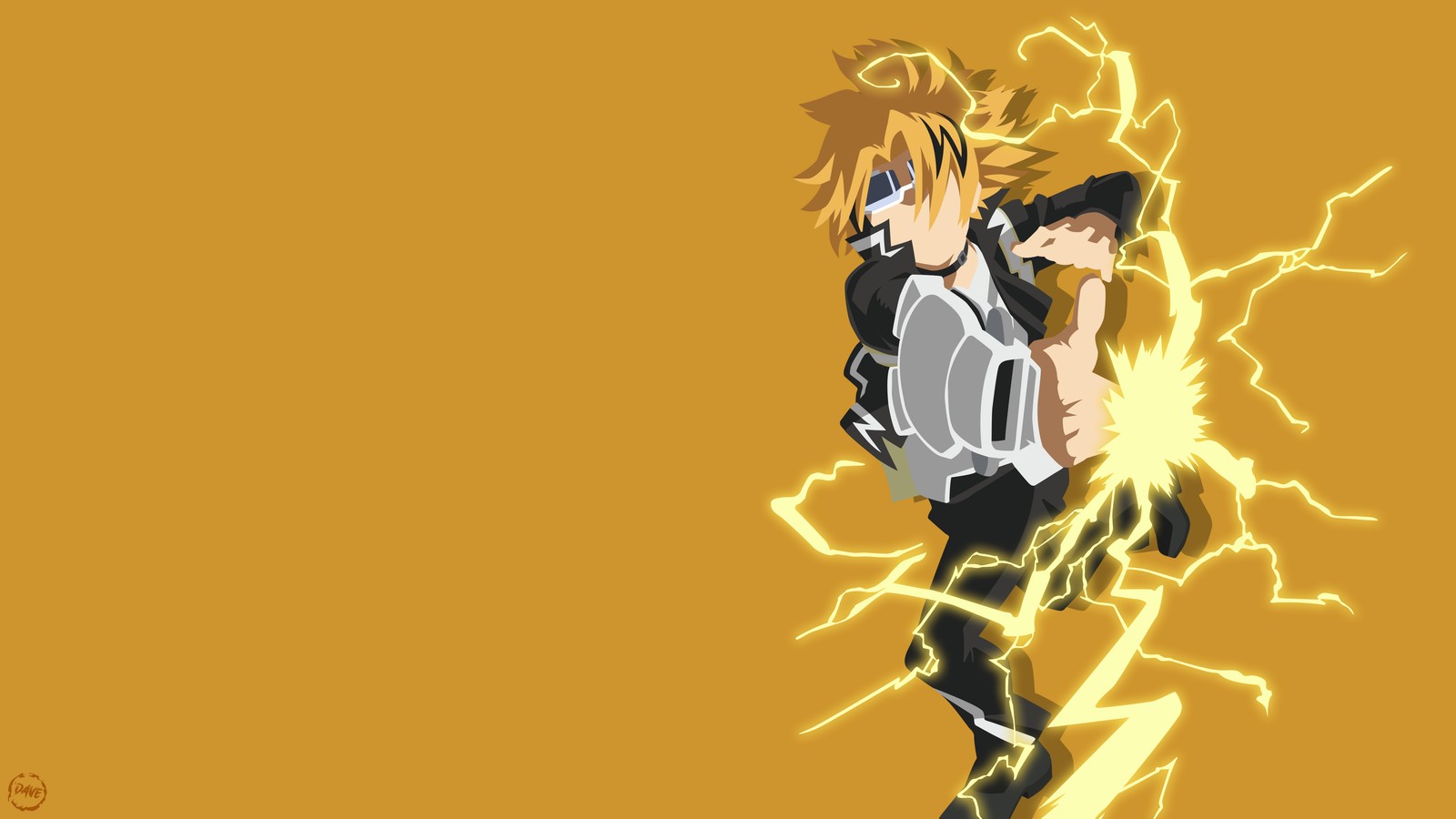 Un hombre con un traje negro y una camisa blanca sosteniendo un rayo (denki kaminari, héroe de la pistola de descarga, my hero academia, fondo amarillo, anime)