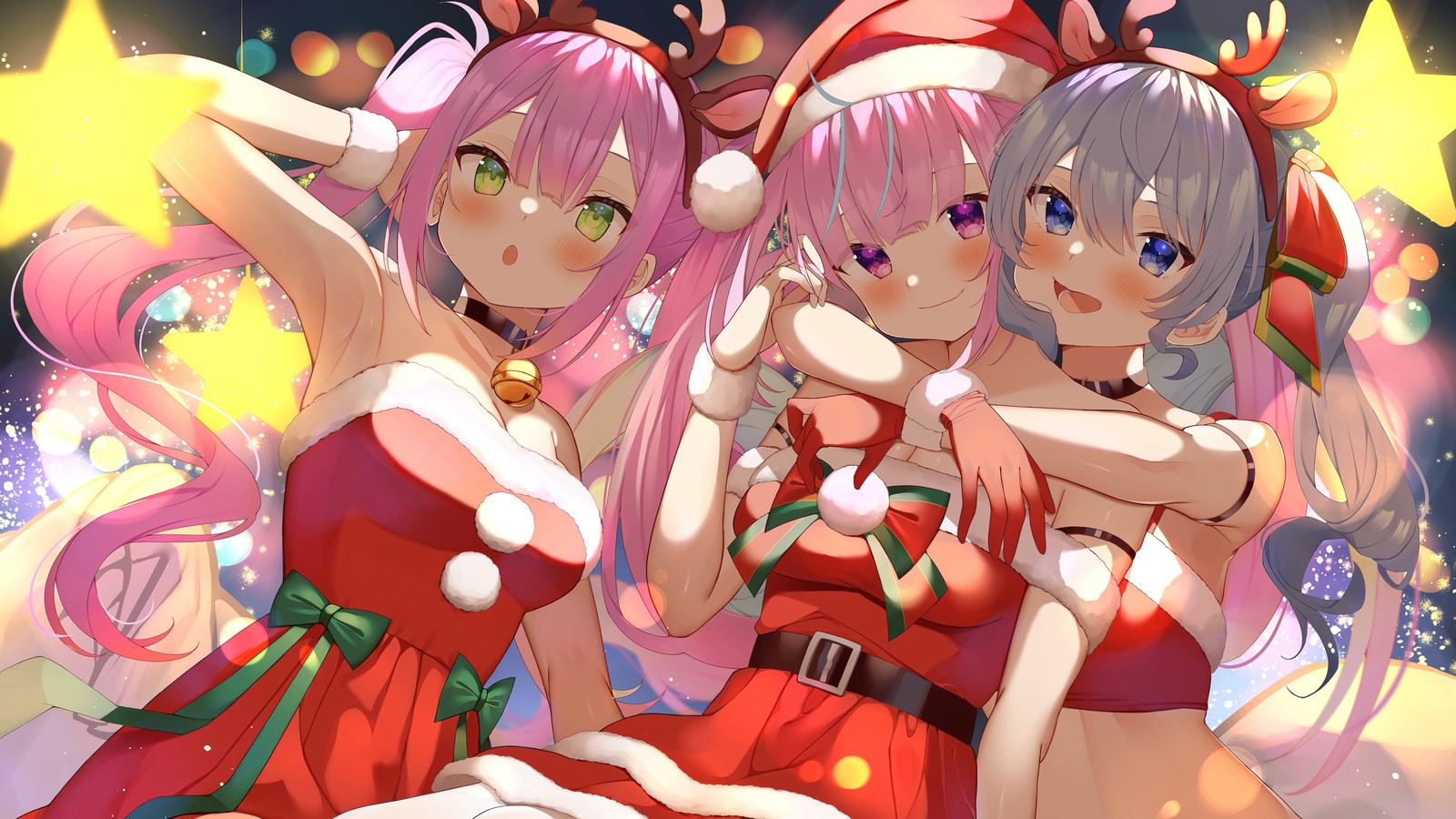 Deux filles anime en costumes de noël posant pour une photo (noël, vacances, filles, costume)