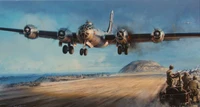 A Boeing B-29 Superfortress soaring above a military airfield during World War II, with soldiers on the ground observing the aircraft's powerful ascent.