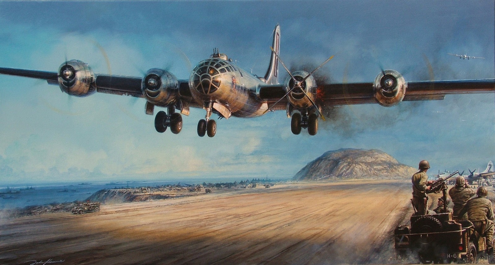 Pintura de un gran avión volando sobre un área desértica con soldados (segunda guerra mundial, boeing b 29 superfortress, avión, aeronave, aviación)