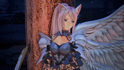 Шионне из "Tales of Arise" в драматической позе, демонстрируя свои ангельские крылья и сложную броню на фоне темного снежного пейзажа.