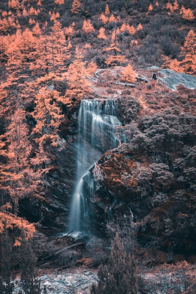 Cachoeira encantadora em meio a uma floresta de tons outonais