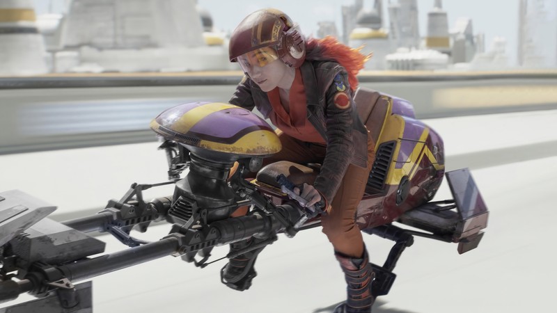 Женщина едет на мотоцикле по шоссе (сабина рен, sabine wren, мотоцикл спидер, сериал ахсока, ahsoka series)