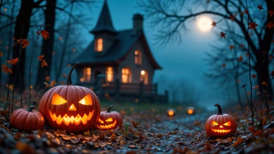 Maison hantée avec des citrouilles sous une pleine lune