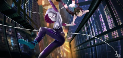 Gwen Stacy als Spider-Woman rettet einen jungen Helden in einer futuristischen Stadtlandschaft