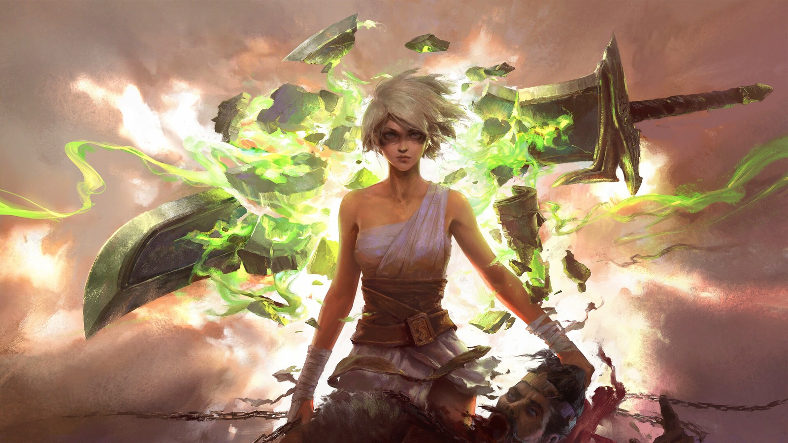 A woman in a white dress holding a sword and a sword (riven, lol, league of legends, video game)