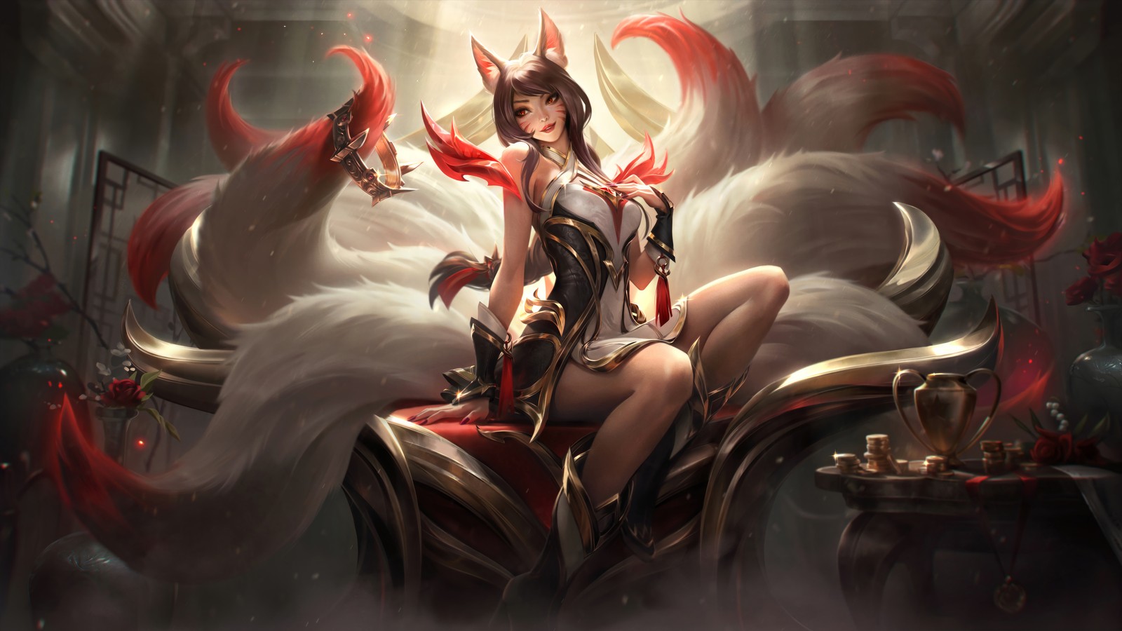 Uma mulher sentada em um trono com uma espada e um vestido vermelho (risen legend, ahri, pele, arte visual, league of legends)