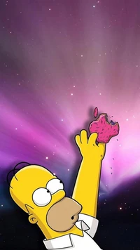 Homer Simpson alcanzando un donut rosa contra un vibrante fondo cósmico.