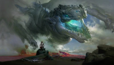 Un puissant dragon plane sur un guerrier solitaire, mêlant des éléments de fantasy et de puissance préhistorique dans un paysage dramatique.