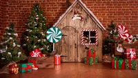 Festive Christmas Scene with Trees, Ornaments, and a Cozy Cottage