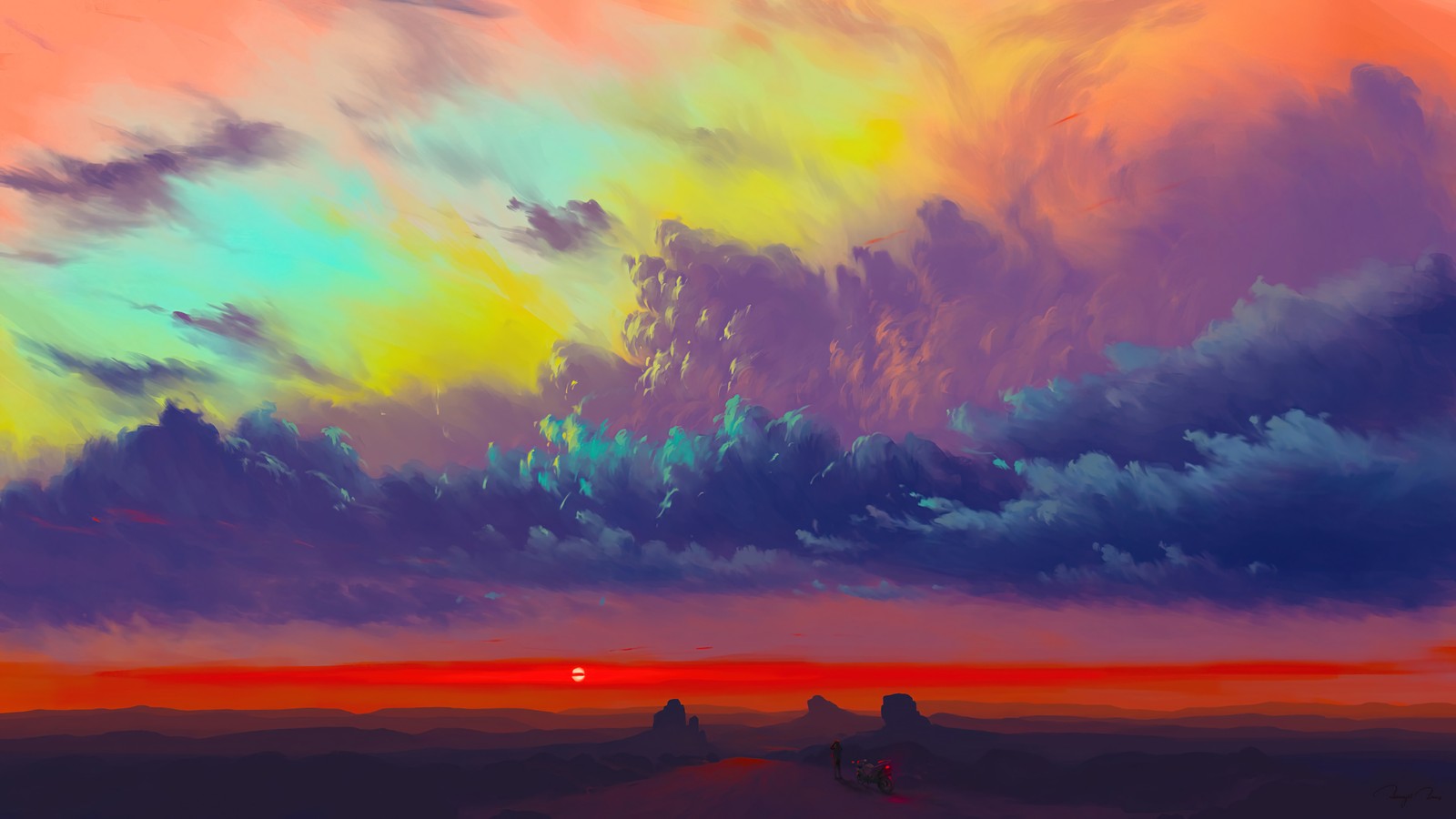 Une peinture d'un coucher de soleil avec quelques chevaux marchant sur une route (coucher de soleil, nuages, ciel, paysage, art numérique)