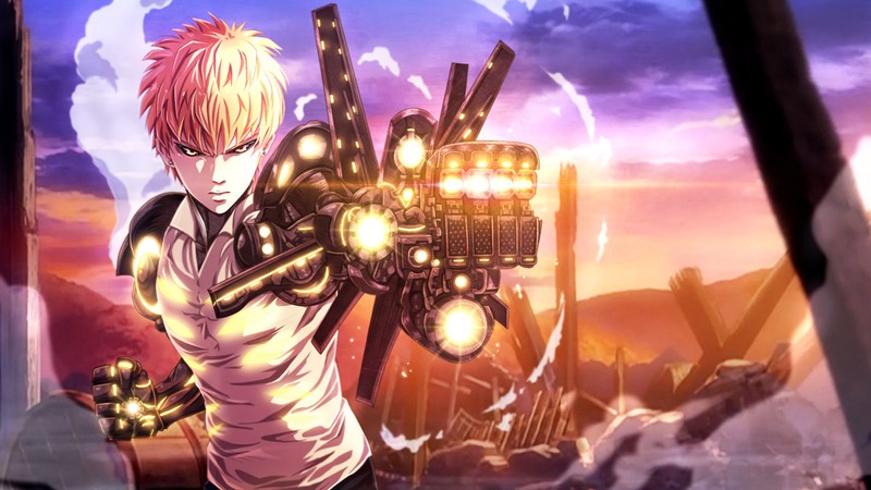 Крупный план человека с оружием возле здания (генос, genos, one punch man, аниме, anime)