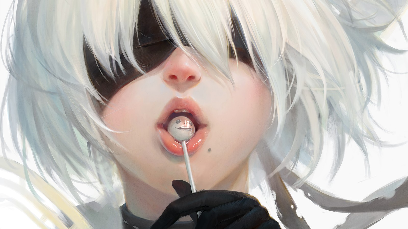 Chica de anime con cabello blanco y guantes negros sosteniendo un cepillo de dientes (yorha 2b, yorha no 2 tipo b, yorha no 2 type b, piruleta, nier automata)