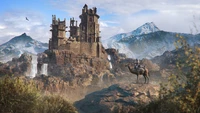 Forteresse ancienne surplombant un paysage désertique dans Assassin's Creed Mirage