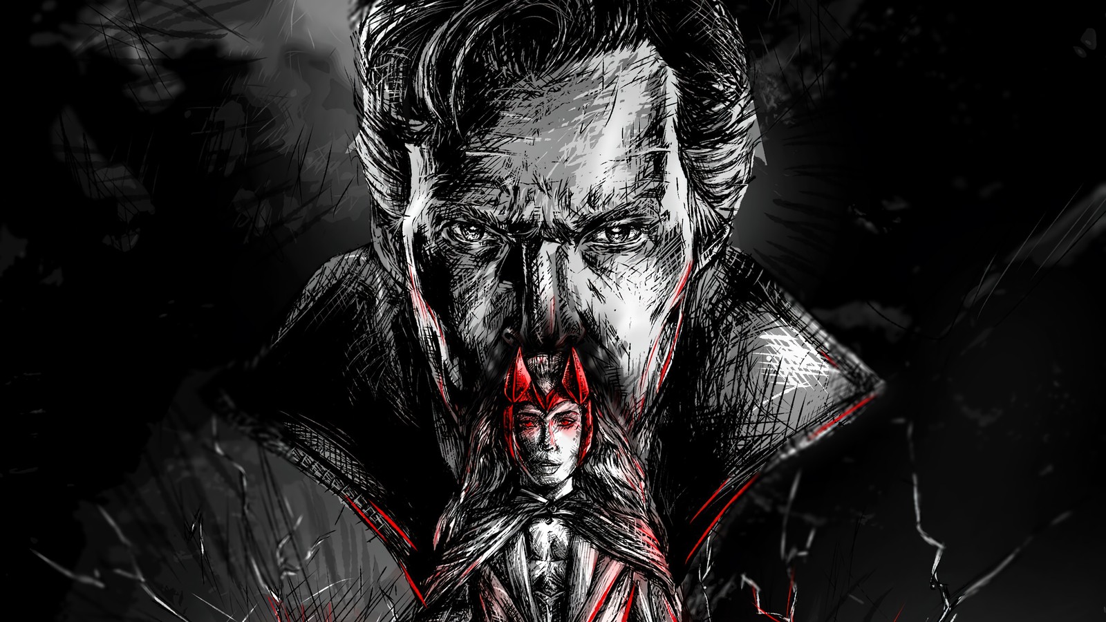 Un dessin d'un homme avec un visage ensanglanté tenant un couteau (docteur strange dans le multivers de la folie, 2022, film, doctor strange, sorcier suprême)