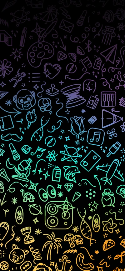 Vibrant Pattern of Line Art Illustrations in Electric Blue and Aqua on Black Background