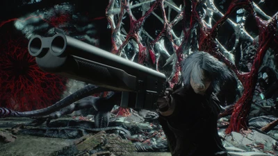 Данте с дробовиком в огненном подземном мире из Devil May Cry 5