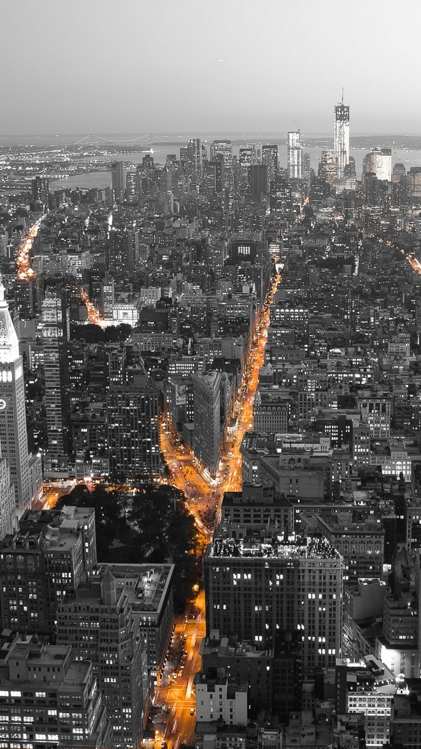 Vue arafed d'une ville la nuit avec une photo en noir et blanc (génial, beauté, ville, nature, new york)