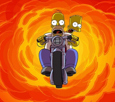 Homer y Bart Simpson en una motocicleta, compitiendo a través de un fondo ardiente.