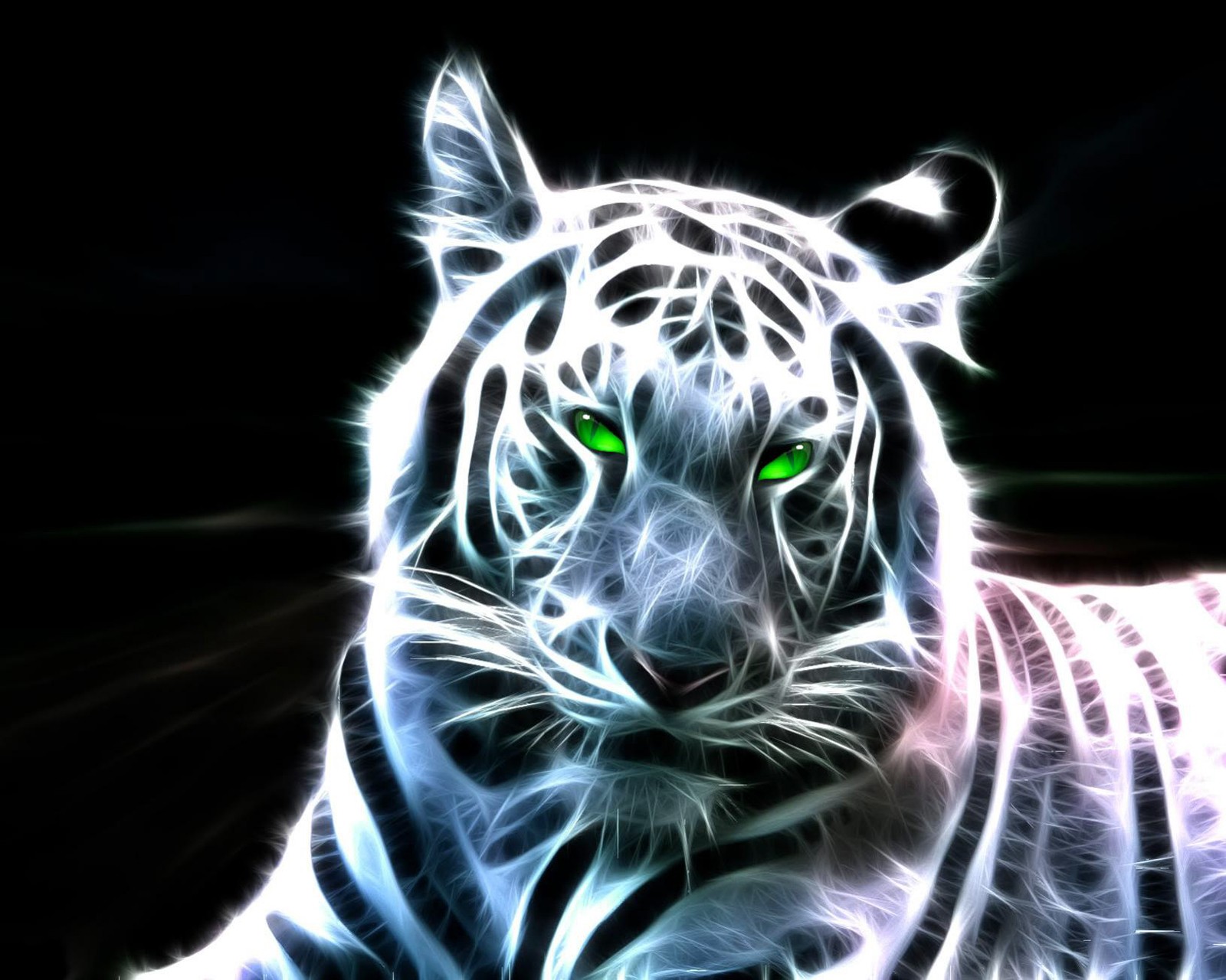 Painting of a white tiger with green eyes (3d, tiger)