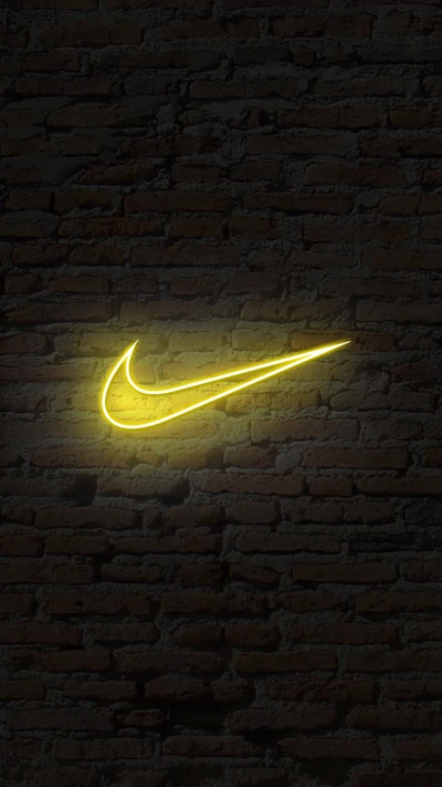 Neon Nike Logo on Brick Wall