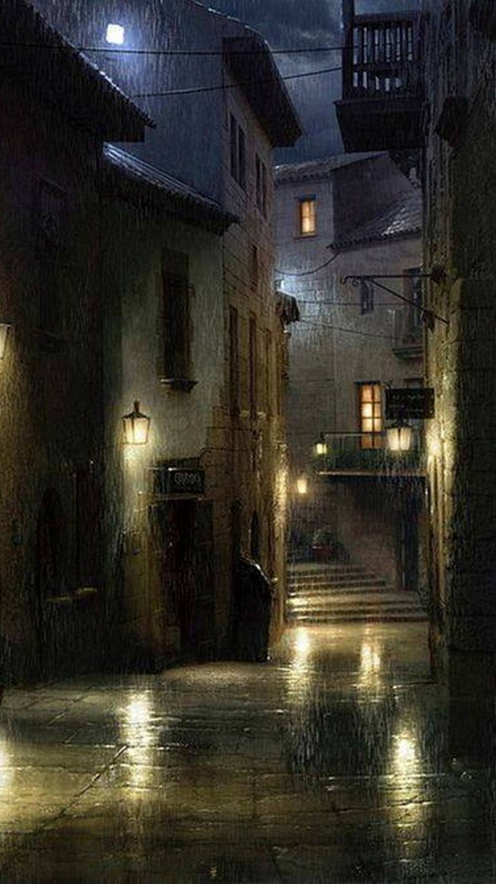 night, old city, rain, road Download Wallpaper