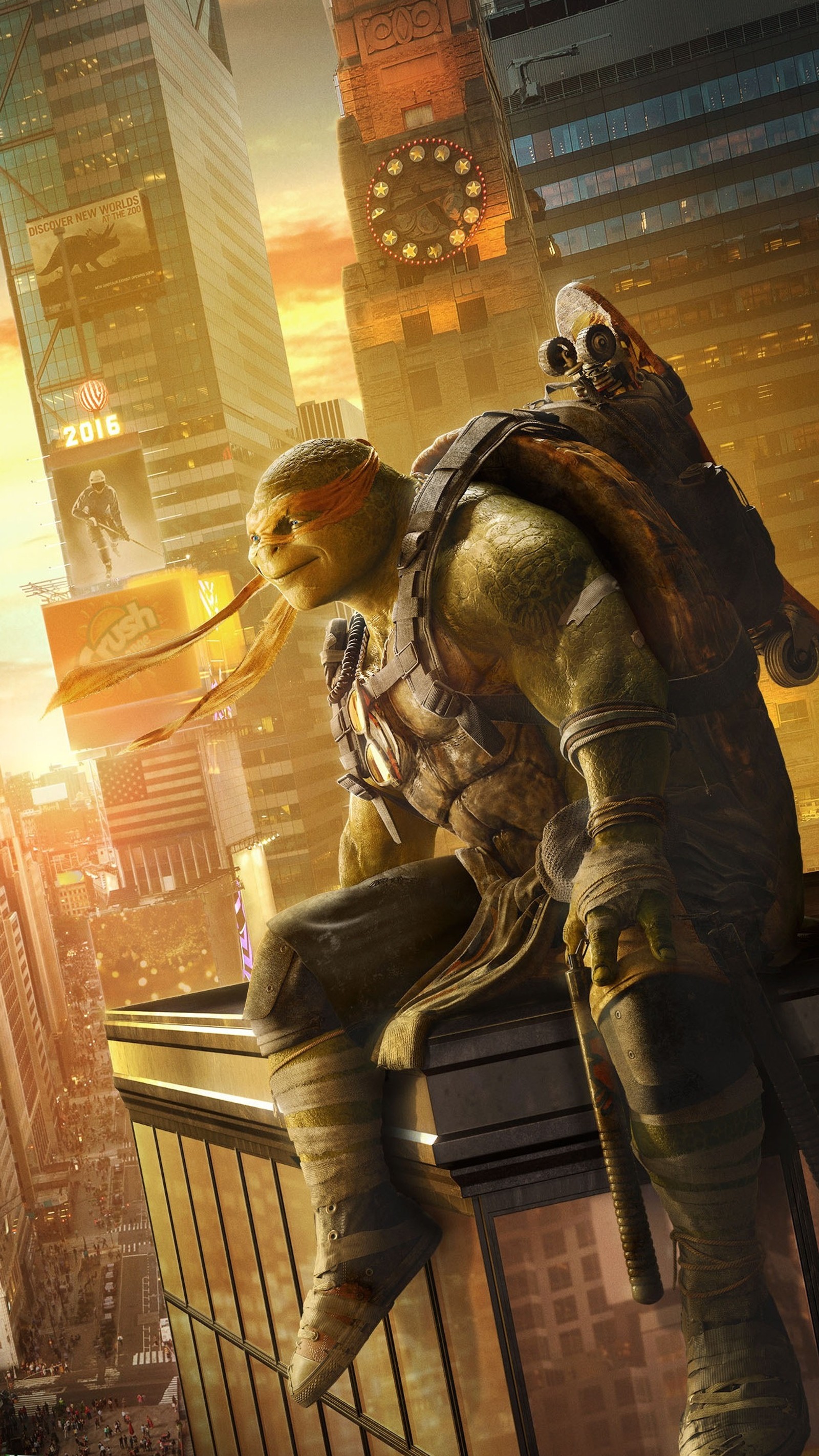 Teenage mutant turtles are on a ledge in a city (michelangelo, mutant, ninja turtles, teenage, tmnt)