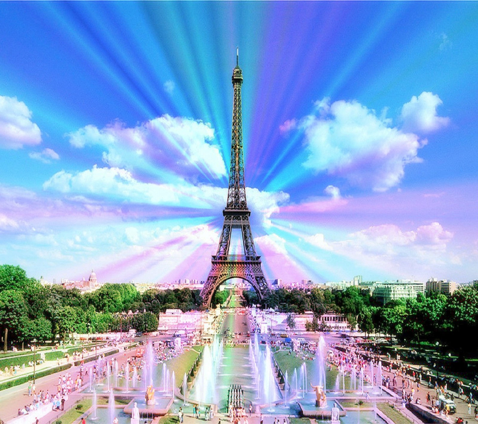 Vista aérea de la torre eiffel con fuentes en primer plano (city of love, parís, paris)