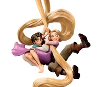 Rapunzel and Flynn Rider entwined in her long, golden hair from the animated movie "Tangled.