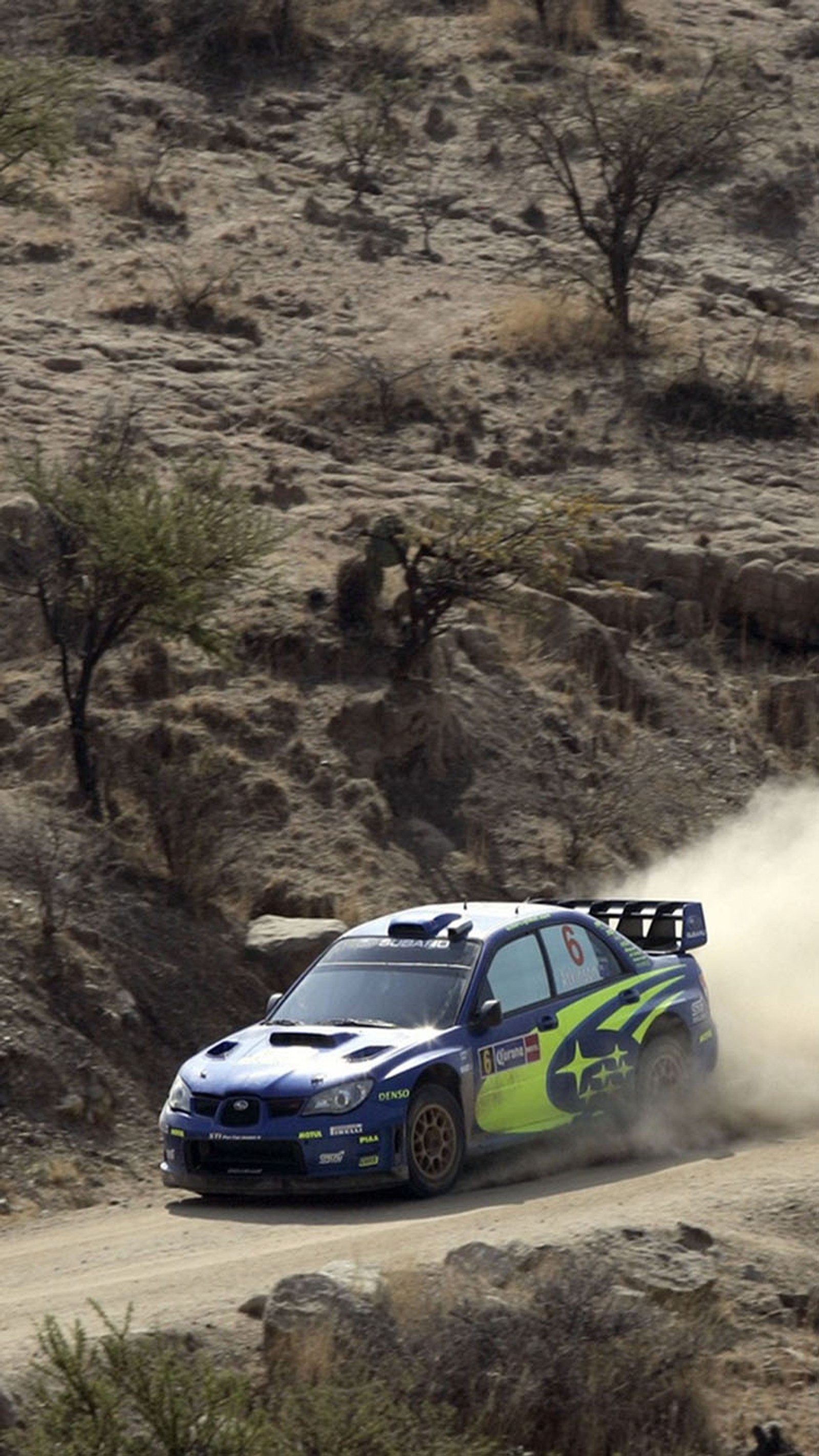 Um carro de rali dirigindo por uma estrada de terra no deserto (carro, corridas)