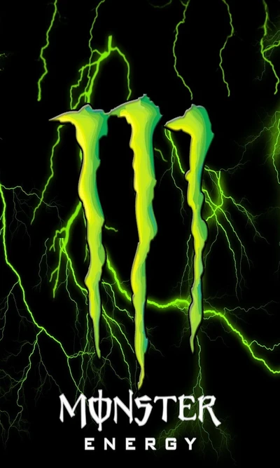 Design énergétique abstrait avec le logo emblématique de Monster Energy et des marques de griffes vert vif sur un fond sombre, entouré d'éclairs électriques.