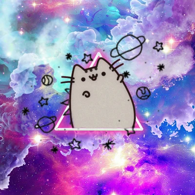 Pusheen die Katze in einem kosmischen Abenteuer zwischen bunten Planeten und Sternen