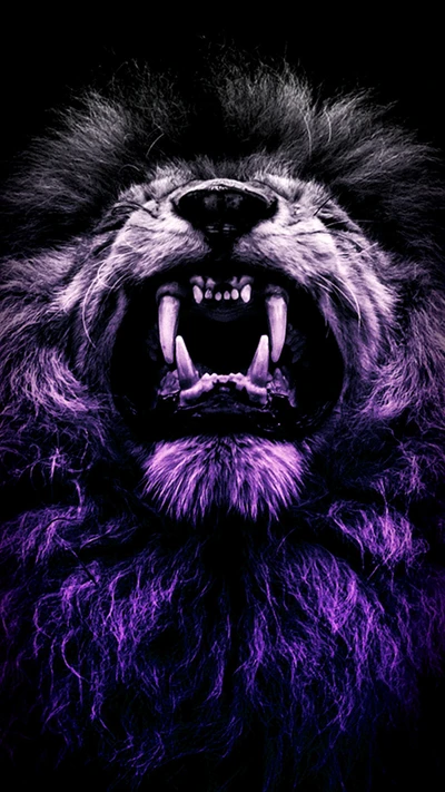 Lion majestueux rugissant dans un violet vif