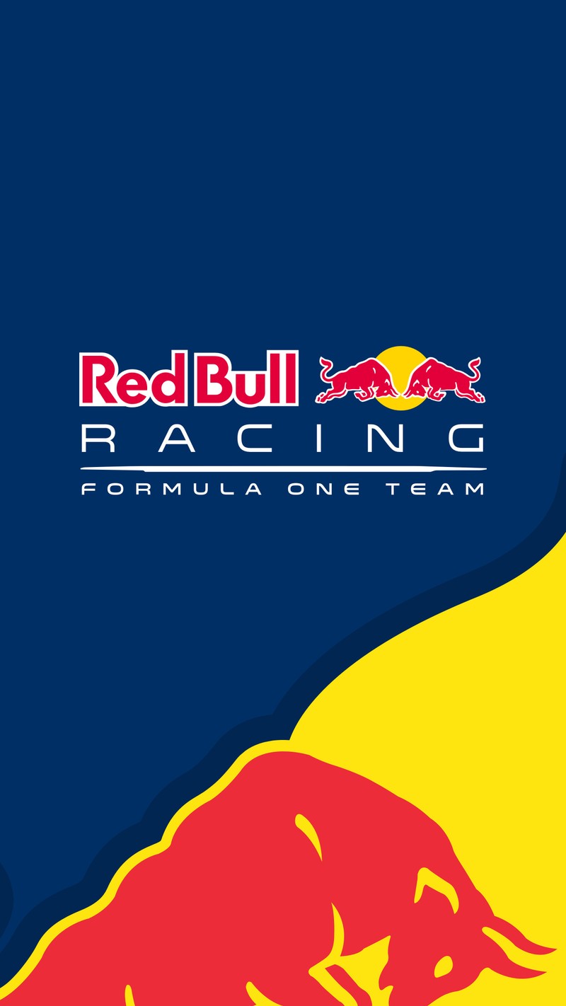 Крупный план логотипа red bull racing на синем и желтом фоне (бык, машина, машины, ф1, формула)