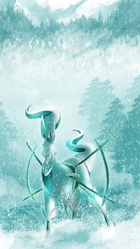 Celestial Pokémon in a Snowy Landscape