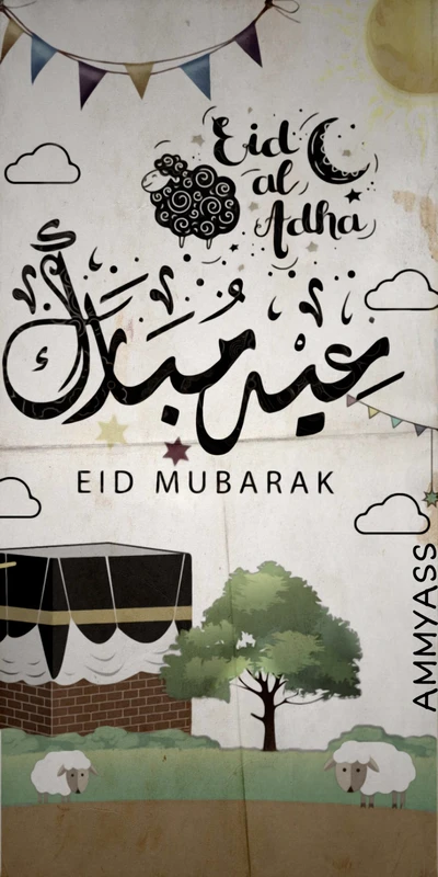 Celebração do Eid al-Adha com designs festivos e ilustrações de ovelhas