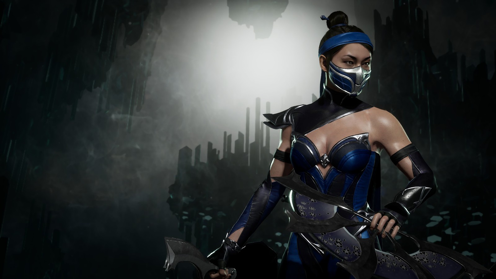 Арабская женщина в синем и черном костюме, держащая меч (китана, kitana, mortal kombat 11, видеоигра)