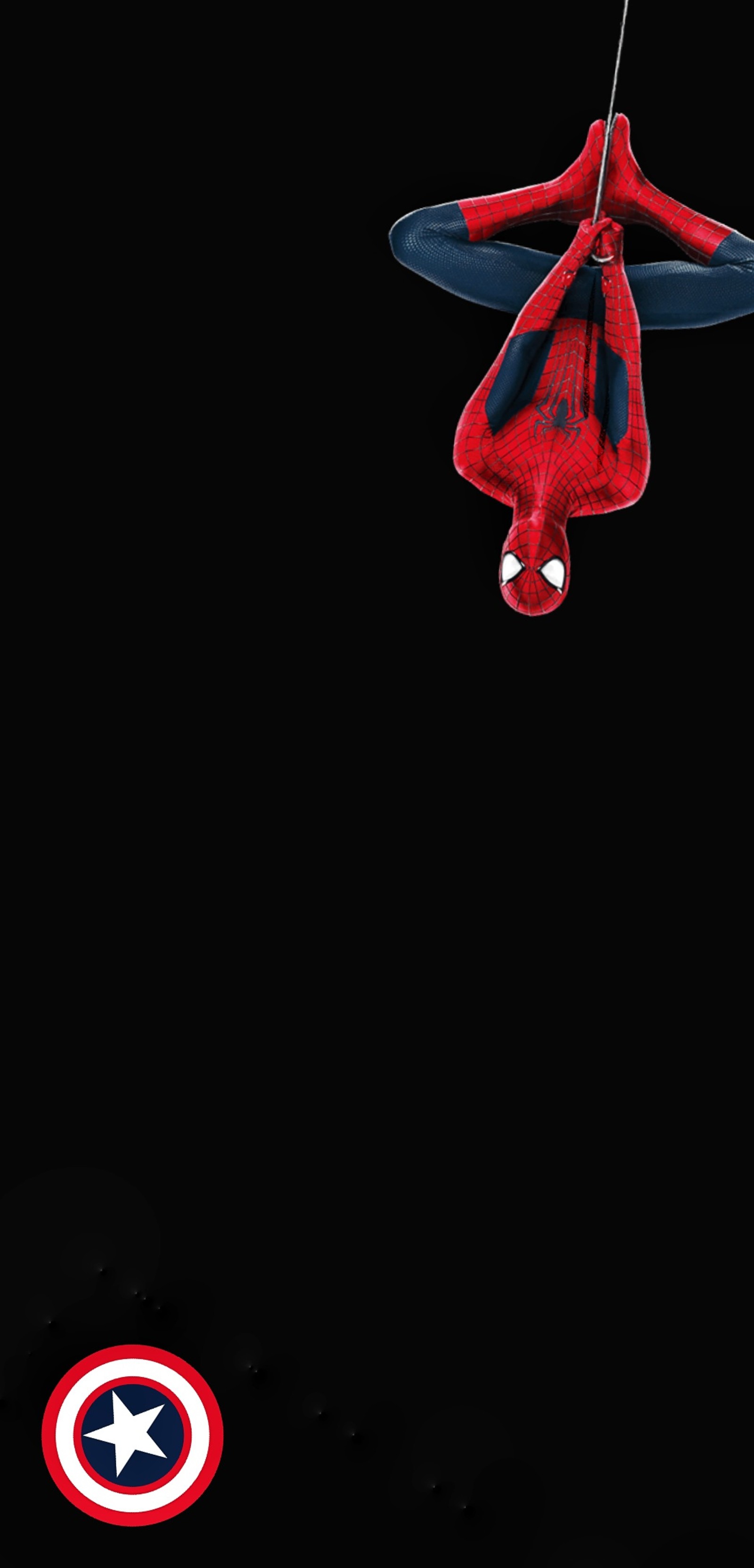 Spider - man hanging upside down in the dark with a captain america shield (marvel, spiderman, super)