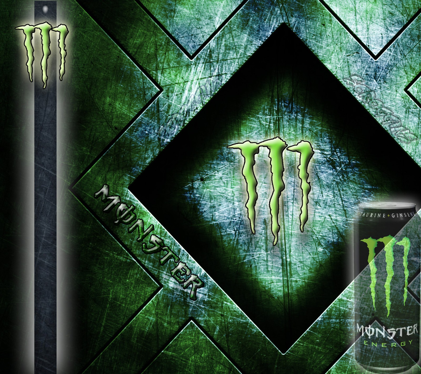 A close up of a can of monster energy next to a bat (black, drink, energy, green, monster)