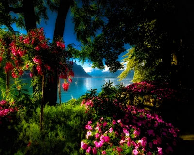 Flores vibrantes enmarcando una vista serena del lago