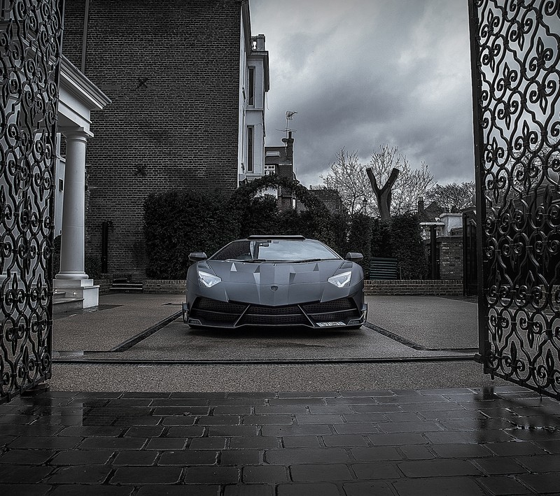 Автомобиль припаркован перед закрытым подъездом. (lamborghini, lamborghini aventador, суперкар)