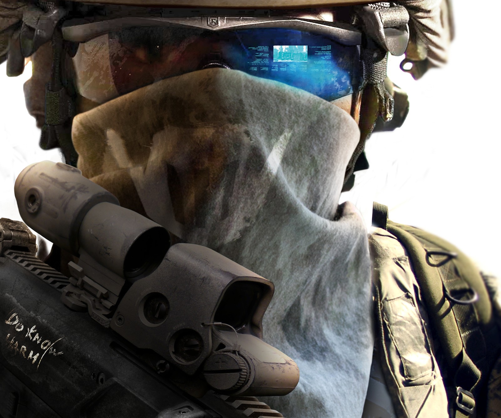 Image panoramique d'un soldat avec un fusil et des lunettes sur le visage (génial, gaming)