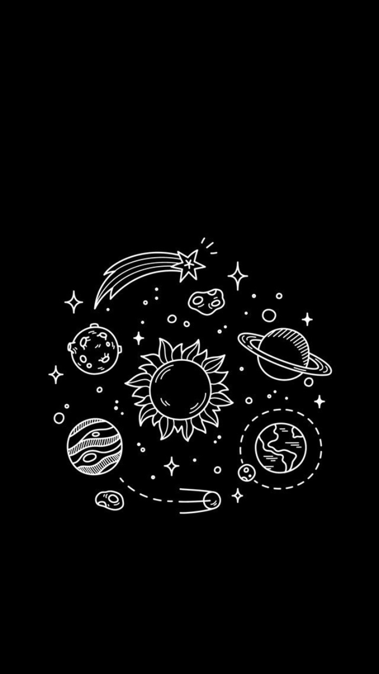 A black and white drawing of planets and stars in the sky (asthetic, space)