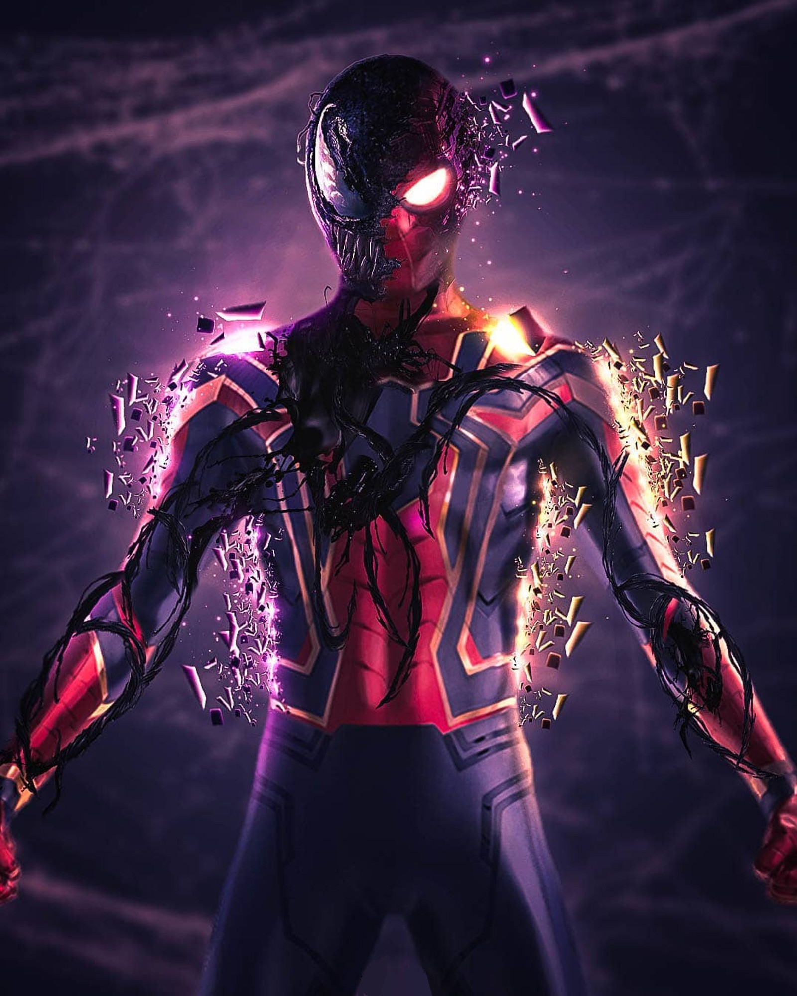 Spider-man dans un costume avec des yeux brillants et un visage de spider-man. (avengers, loin de chez soi, home run, retour à la maison, marvel)