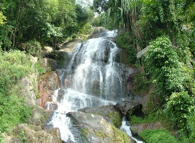 Cachoeira serena em Samui, Tailândia, em meio à vegetação exuberante