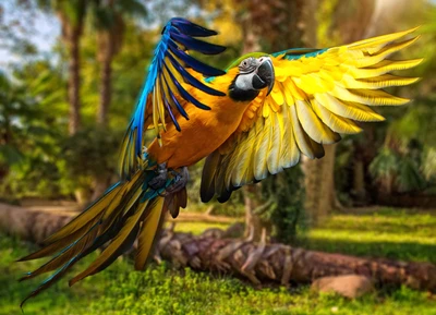 Lebendige blaue und gelbe Aras im Flug inmitten üppiger Natur