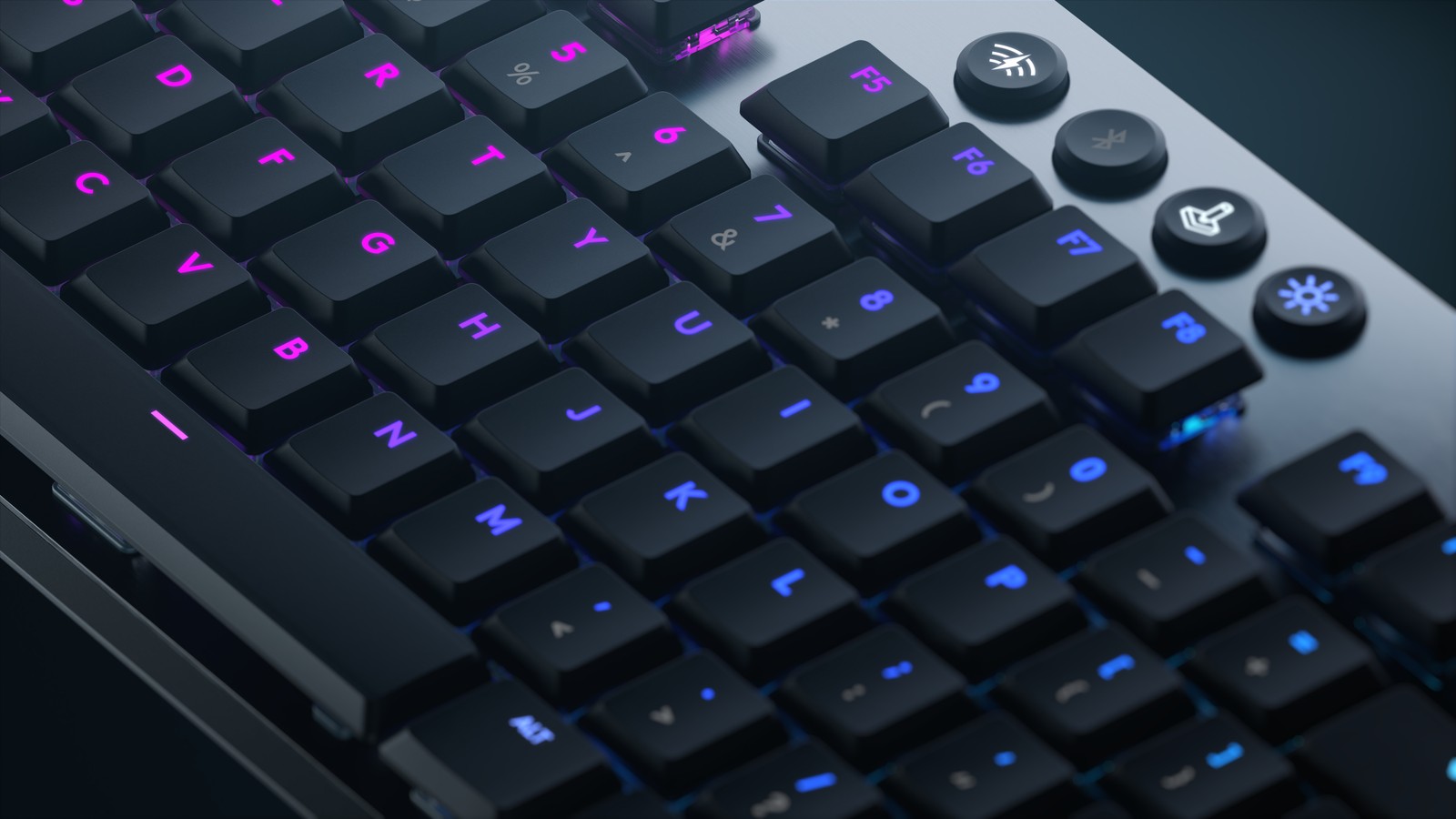 A close up of a keyboard with a blue and purple key (logitech, keyboard, illuminated, 5k, rgb light)