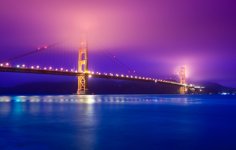 Вид на мост золотые ворота ночью с воды (мост золотые ворота, golden gate bridge, 5k, сан франциско, калифорния)