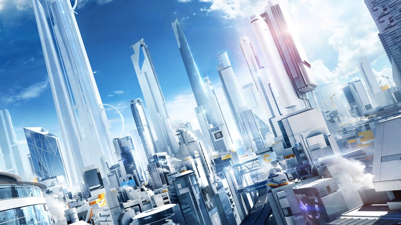 Близкий план футуристического города с множеством высоких зданий (mirrors edge catalyst, граница зеркал, mirrors edge, фейт коннорс, faith connors)