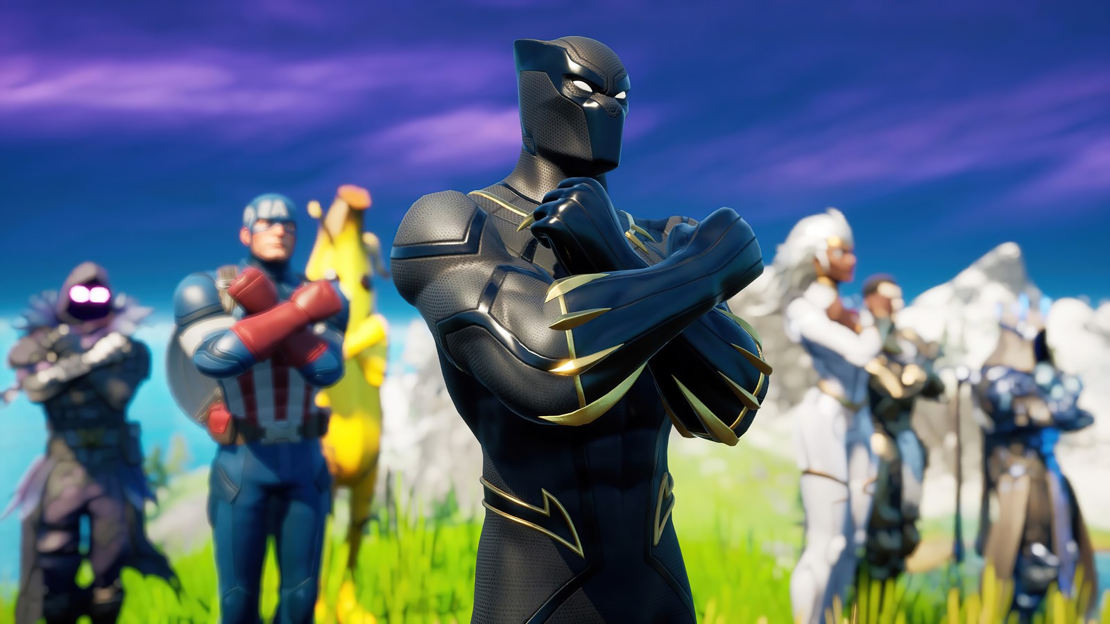 Un grupo de superhéroes de pie en un campo con un fondo de cielo (pantera negra, wakanda para siempre, saludo, fortnite, battle royale)